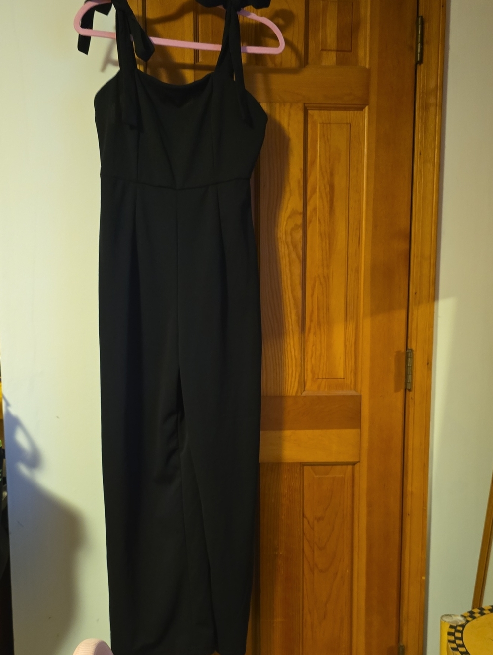 SHEIN Black Tie-Shoulder Wide-Leg Jumpsuit